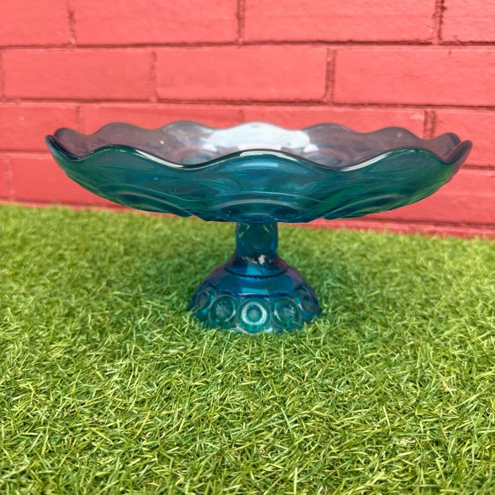 Vintage LE Smith Teal‎ Moon and Stars Glass Pedestal Cake Stand Candy Dish